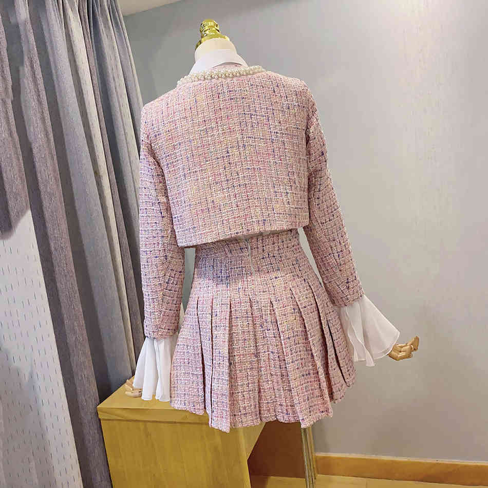 Free Elegant Tweed Three-piece Beaded Women's Set Cardigan Jacket & Ruffled Shirt A-line Skirt Party Autumn 210524