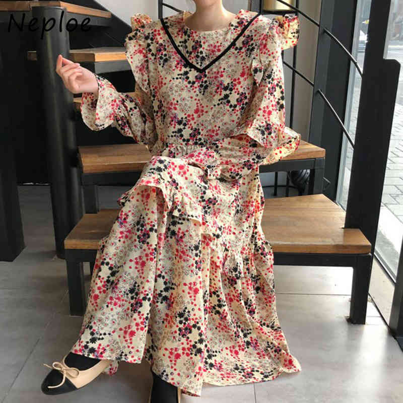 O Neck Flare Long Sleeve Loose Dress Women High Waist Hip A Line Vestidos Vintage Print Spring Robe 210422