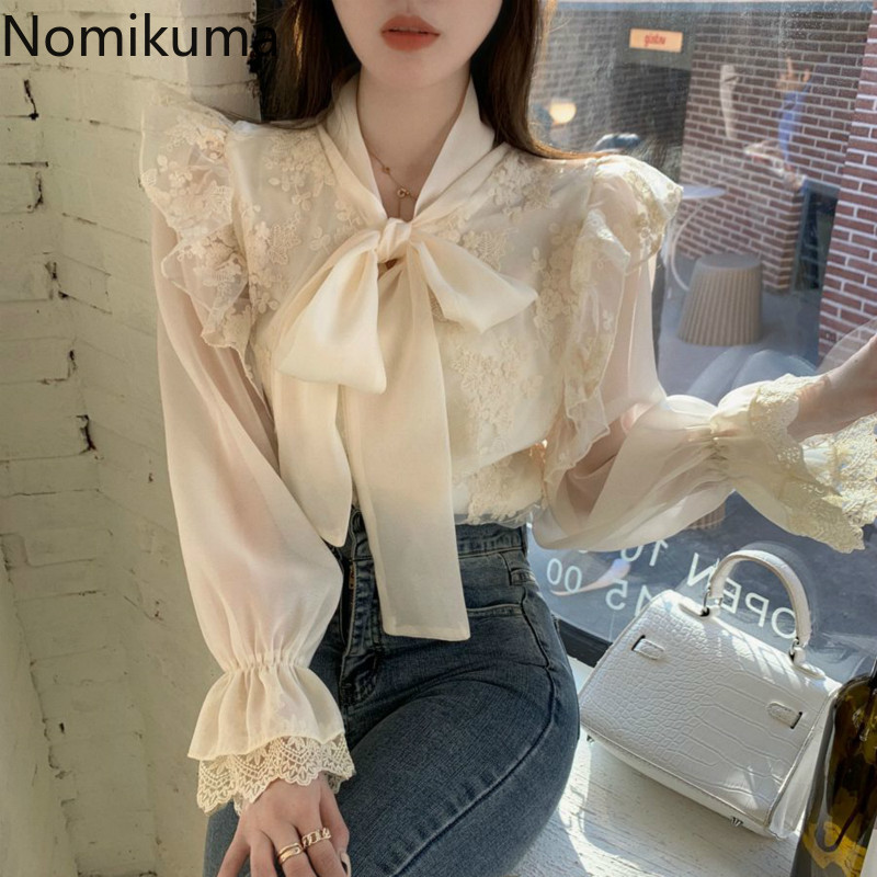 Nomikuma Women Blouse Korean Lace Embroideried Ruffle Shirt Spring Bow Tie Collar Flare Sleeve Elegant Blusas Mujer 6E225 210427