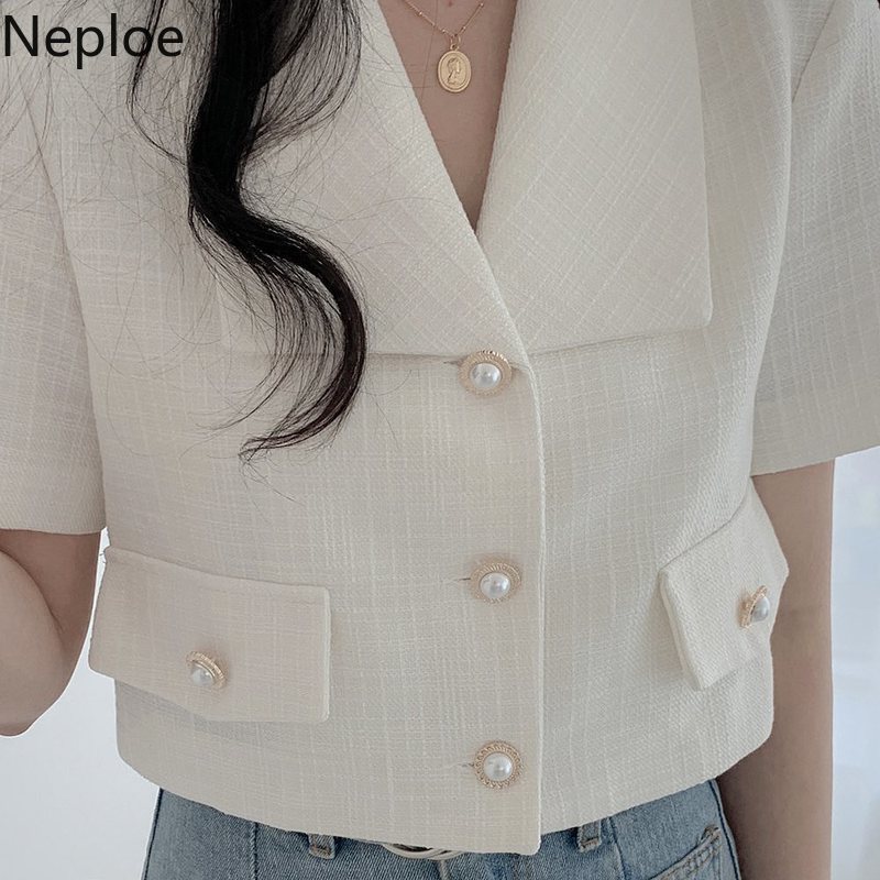 Neploe Blusas Mujer De Moda Verano Korean Elegant Blouses Women Office Lady Shirt Notched Collar Short Blouse Tops 94894 210422