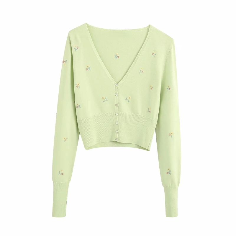 green women knitted floral sweaters fashion ladies rib-knited sleeve button sweater elegant female knitwear girls chic 210430