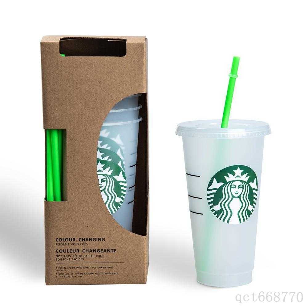 Starbucks 24OZ/710ml Plastic Tumbler Reusable Clear Drinking Flat Bottom Cup Pillar Shape Lid Straw Mug Bardian 1O0TJ