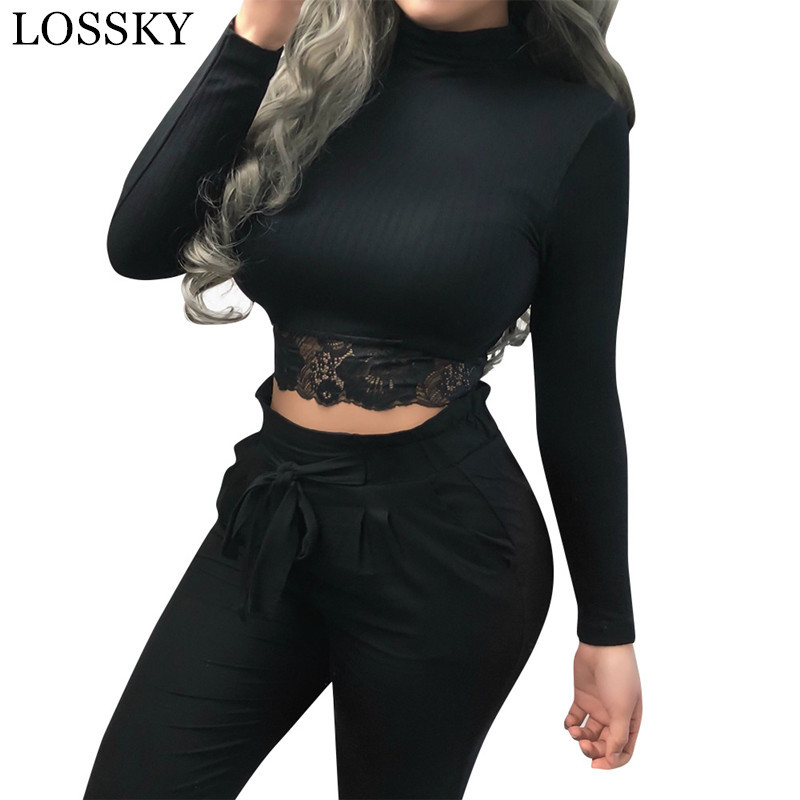 Autumn Winter Solid Crop Top Sexy Lace Patchwork Turtleneck Long Sleeve Bodycon Club Party Women's T-shirt White Black Tee 210507