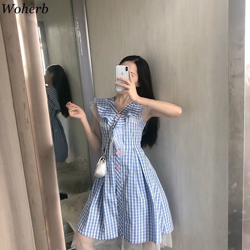 Elegant Sleeveless Plaid Dress Women Casual All Match Lace Patch Cute Robe Harajuku Midi Dresses Vestidos Mujer 210422