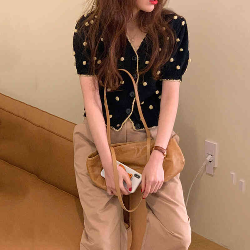 Women Sets Summer Korean Chic Retro V-Neck Three-Dimensional Fur Ball Knitted Sweater High-Waist Casual Trousers 210514