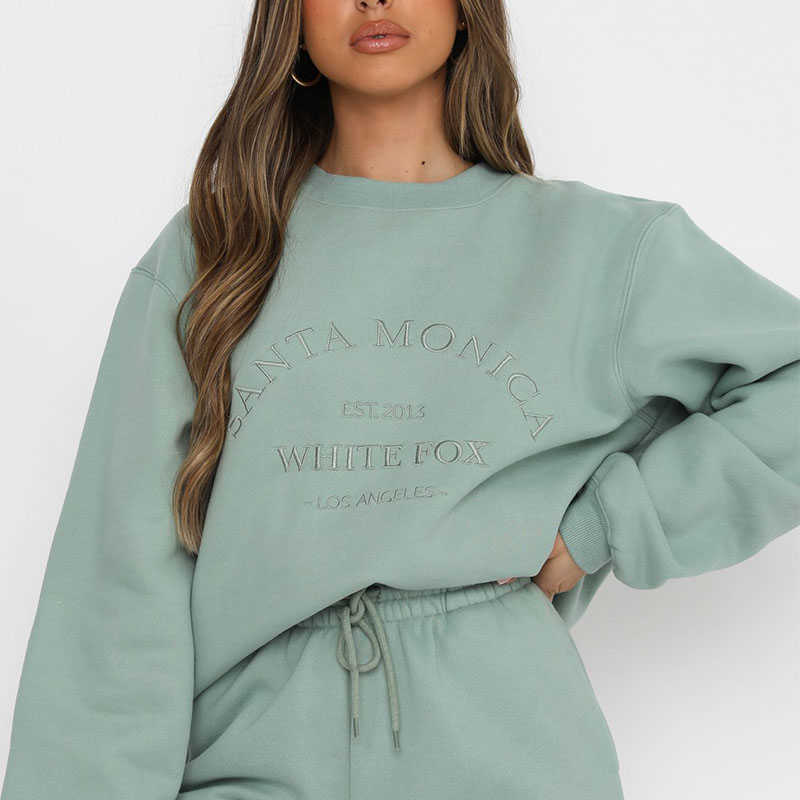 Korean Fashion Green Vintage Letters Embroidered Crewneck Sweatshirt Womens Winter Tops Oversized Streetwear Pullover
