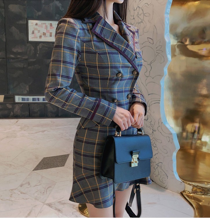 Vintage Elegant Ruffle Double Breasted Women Dress Spring Ladies Temperament Office OL Work Business Plaid Mini Femme 210519