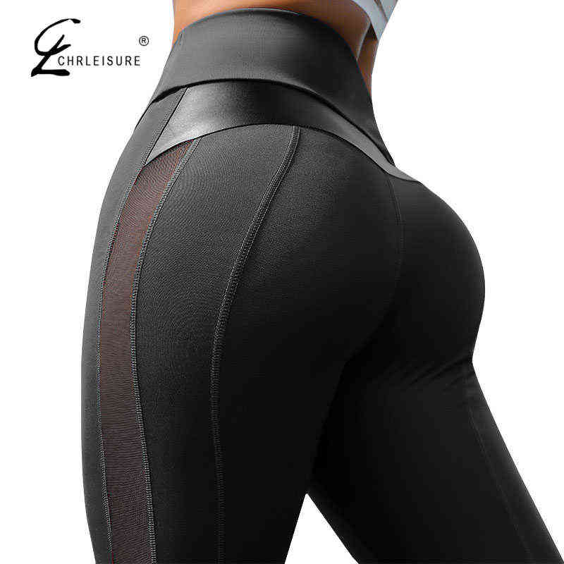 CHRLEISURE High Waist Fitness Leggings Women for Workout Mesh And PU Leather Patchwork 211204