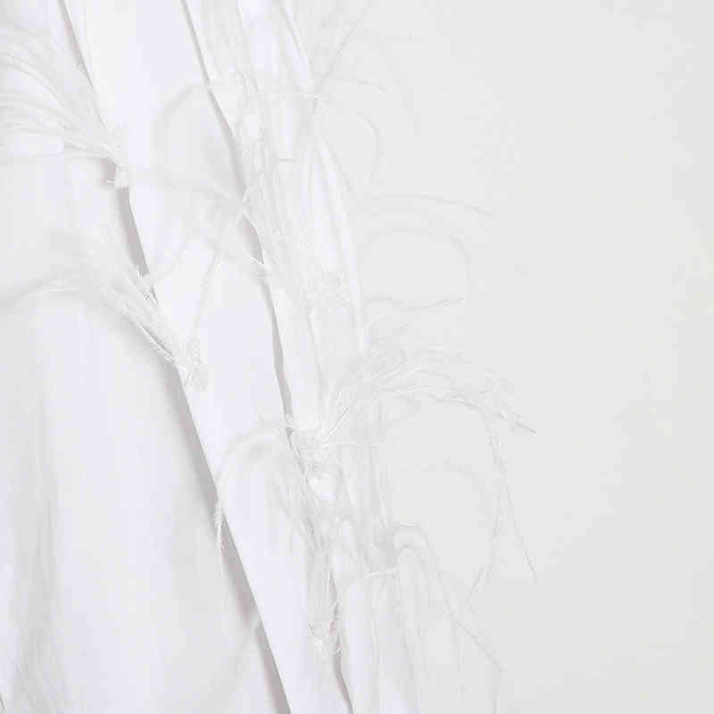 Casual Patchwork Feather Blouse For Women Lapel Lantern Sleeve White Solid Shirt Female Fashion Clothing 210524
