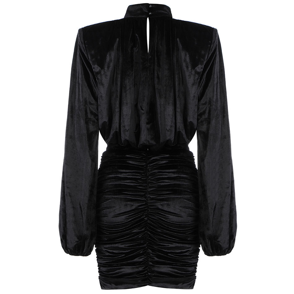 Free Black Velvet Suit Women High Neck Lantern Sleeve Short Top & Draped Mini Skirt Club Party 2 Two Piece Set 210524