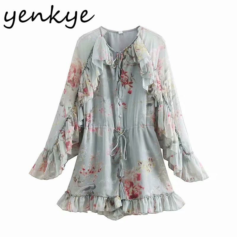 Floral Print Ruffle Jumpsuit Women Long Sleeve Drawstring Waist Holiday Boho Beach Romper Short Summer Playsuit 210430