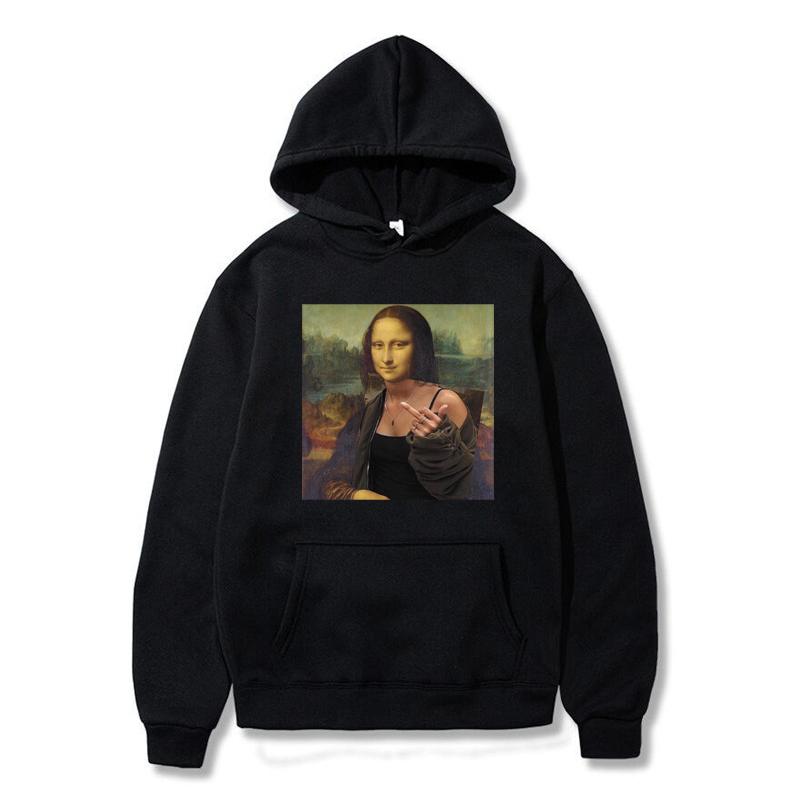 Men's Hoodies & Sweatshirts Funny Mona Lisa Smoking Print Fleece Pullover Hooded Harajuku Hip Hop Streetwear Hoodie Casual Tops, Black