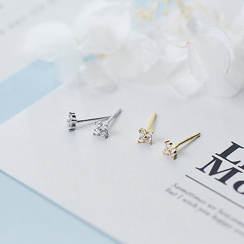WANTME Real 925 Sterling Silver Minimalist White Zircon Four-leaf Clover Mini Small Stud Earrings for Women Teen Girl Jewelry 210507
