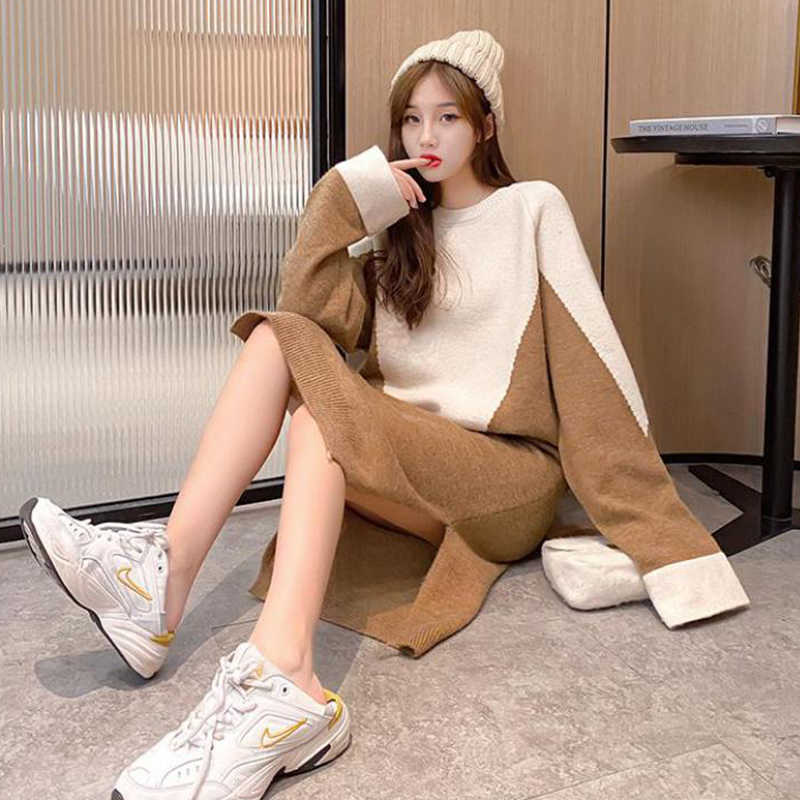 Yedinas Office Ladies Knitted Two Piece Women Sets Skirt Long Sleeve Patckwork Winter 2 Set For Midi Korean 210527