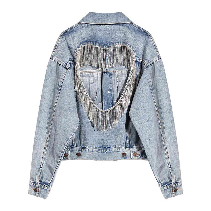 Patchwork Tassel Diamond Denim Jacket For Women Lapel Long Sleeve Hollow Out Casual Jackets Female Fashion 210524