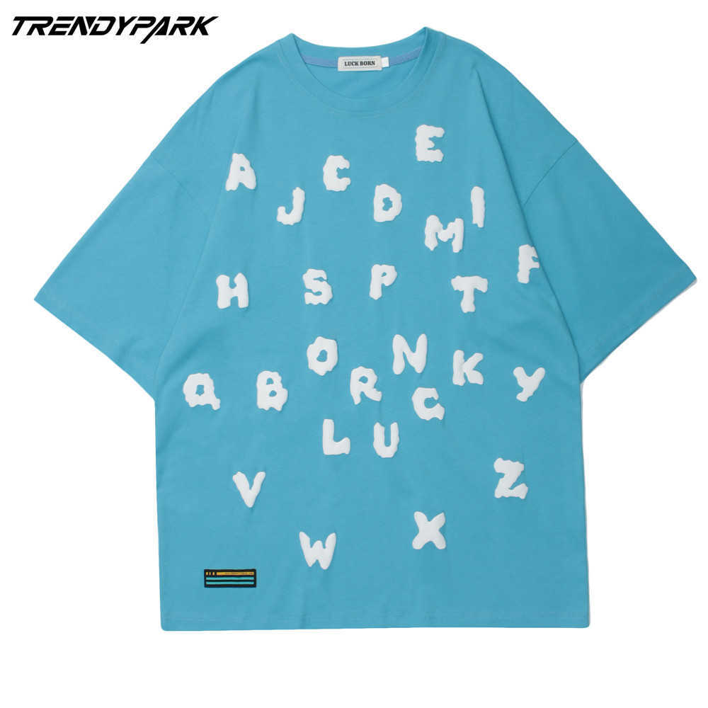 Men's T-shirt Summer Short Sleeve Foaming Letters Printing Oversized Cotton Casual Harajuku Streetwear Top Tshirts Clothing 210601
