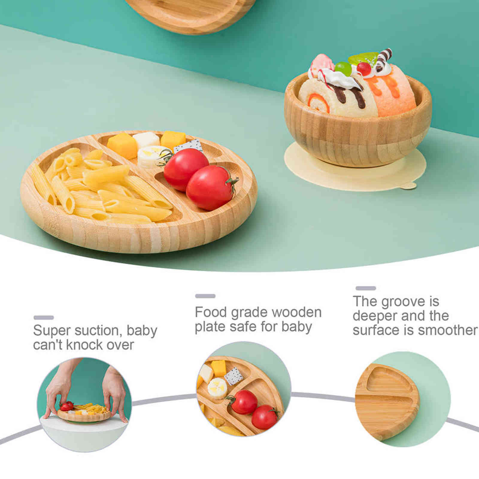 Baby Dinner Plate Baby Feeding Bowl Children's Dishes Wooden Kids Feeding Dinnerware With Silicone Suction Cup Wooden Spoon 211027
