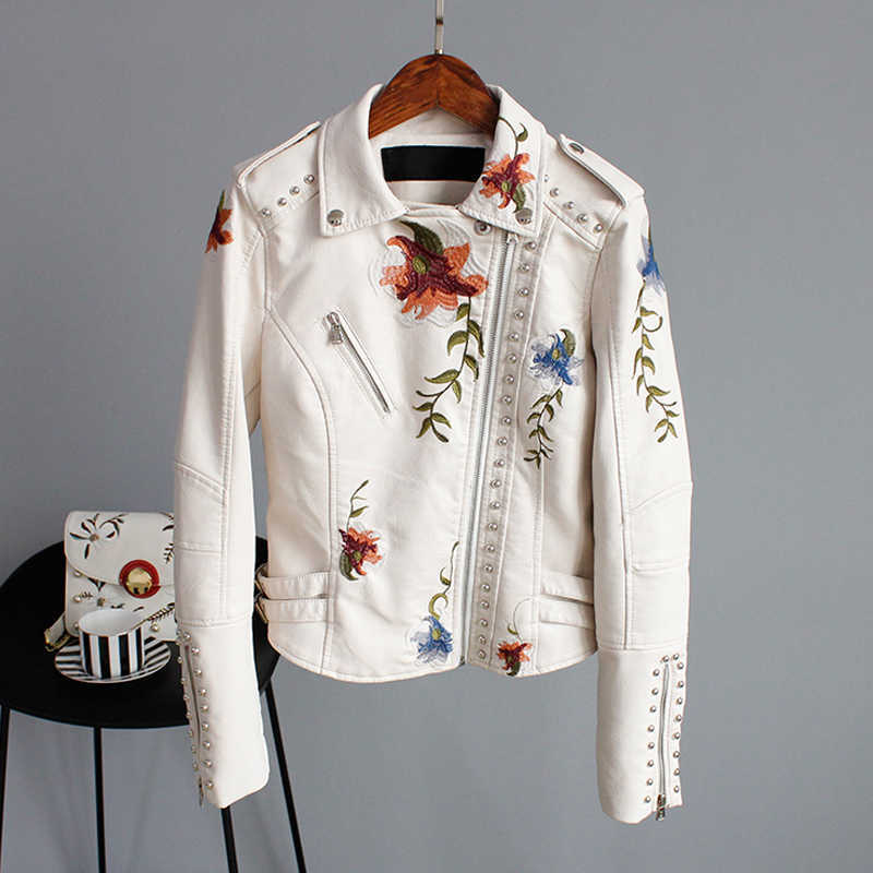 Ly Varey Lin Floral Print Embroidery Faux Soft Leather Jacket Women Pu Motorcycle Coat Female Black Punk Zipper Rivet Outerwear 210526