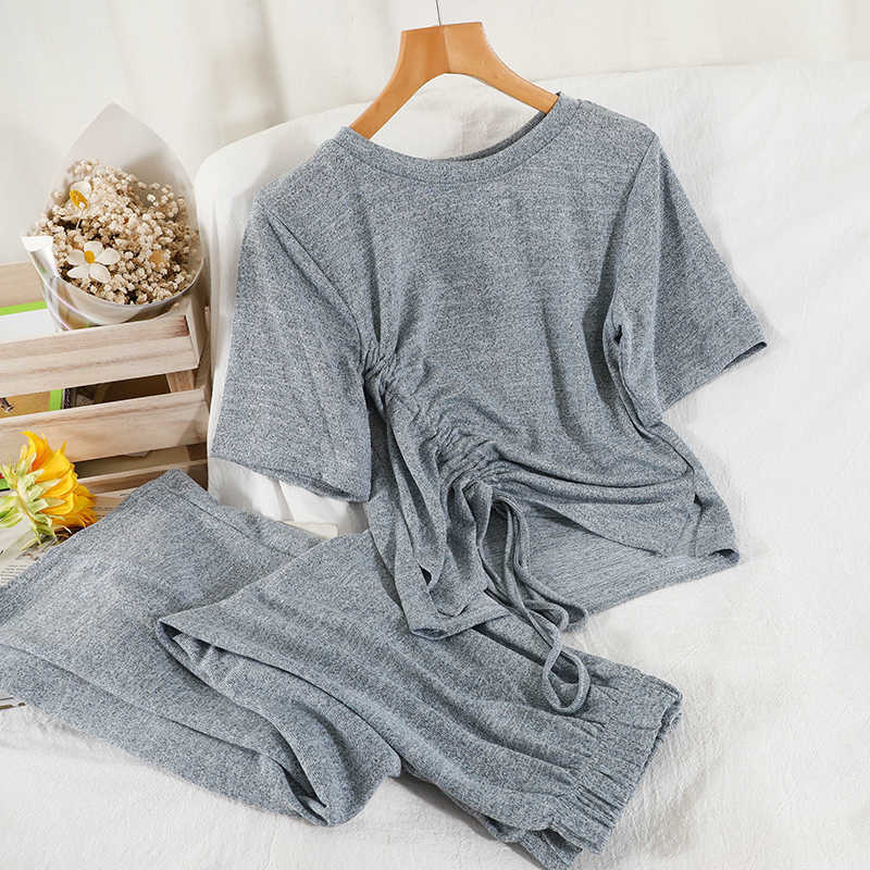 DEAT Women Drawstring Round Neck T-shirt Long Pants Arrivals Two Piece Set Temperament Fashion Spring Summer 11D839 210709