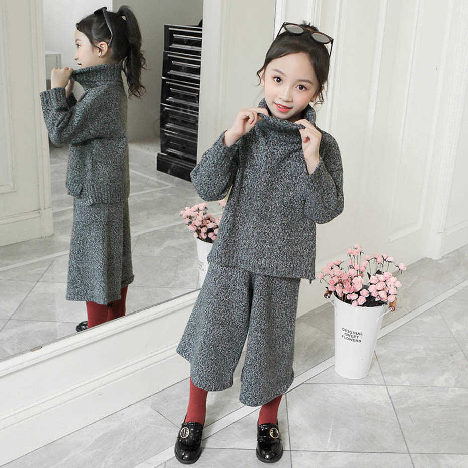 Teenage Children Clothes Sweater + Pants Costume For Girls Thick Warm Girl Knitted Set Autumn Winter Kids Clothing 210528