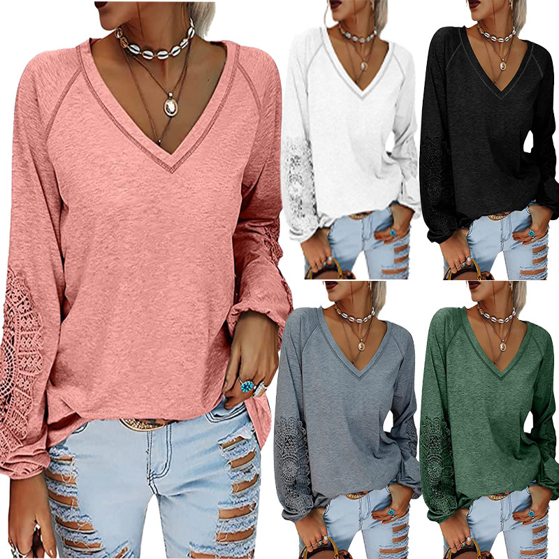 kou chu's new 2021 autumn winter solid color pullover v-neck splicing lace lantern sve t-shirt, White
kou chu's new 2021 autumn winter solid color pullover v-neck splicing lace lantern sve t-shirt, White