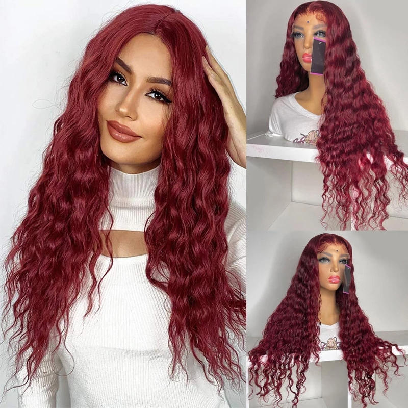 Burgundy #99J Curly Brazilian Hair Lace Frontal Wigs For Women Pre Plucked Deep Wave Wine Red 13x4 Lace Front Wig Synthetic Heat Resistant Brazilian W