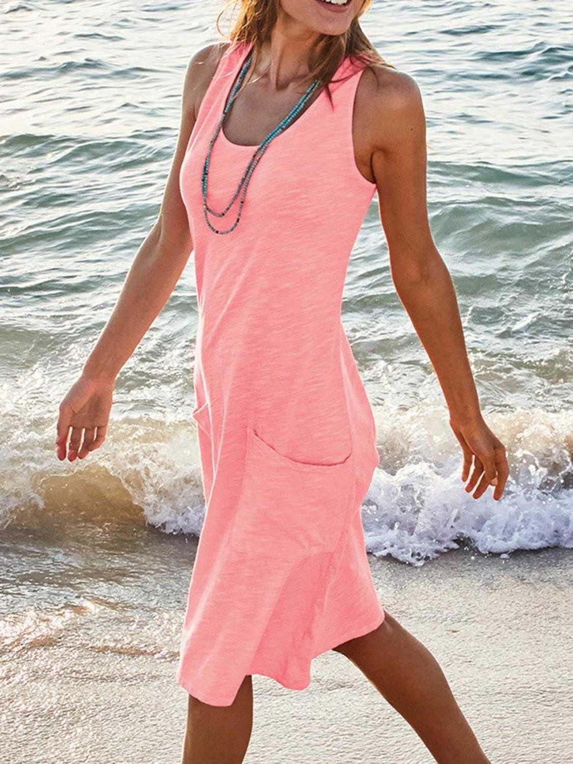 Women Summer Dress Casual O Neck Sleeveless Pocket Patchwork Loose Cotton Tank Plus Size Female Solid Beach Party Vestidos 210526