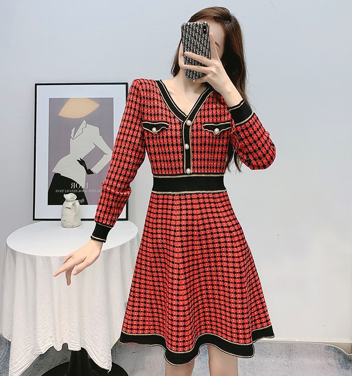 Autumn Women Korean Fashion Sexy V-Neck Long Sleeve Plaid Knitted Sweater Casual Slim Dresses Vestidos 210518