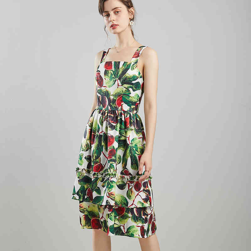est Summer Fashion Square Collar Spaghetti Strap Sleeveless A-Line Print Slim Knee Dress Women Pleated 210506