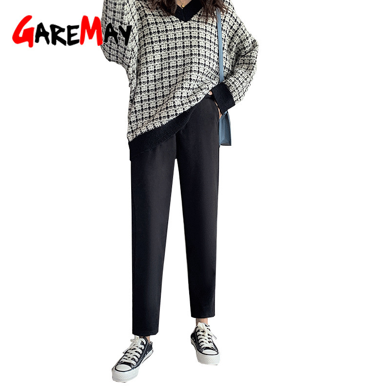 Winter Warm Trousers Suits for Women Work Office Pants High Waist Loose Vintage Female Thick Woolen Harem 210428
