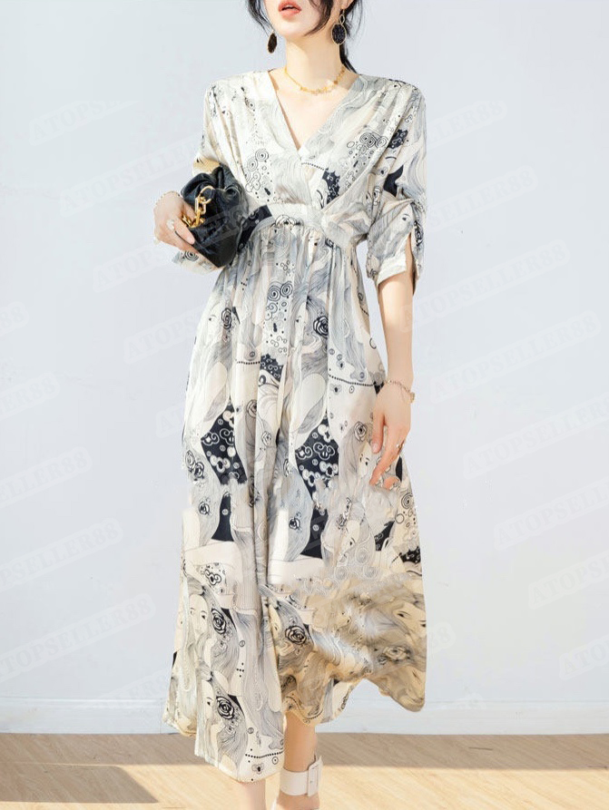 2021 designer dress French retro oil painting style V-neck chiffon five-point sleeve a-line long skirt, Apricot
2021 designer dress French retro oil painting style V-neck chiffon five-point sleeve a-line long skirt, Apricot