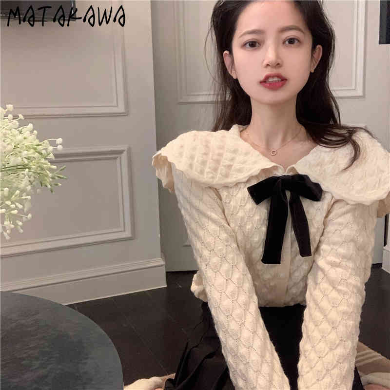 MATAKAWA Knitted Sweater Cardigan Coat Turn-down Collar Sweaters for Women Bow Fashion Retro Japanese Spring Top 210513