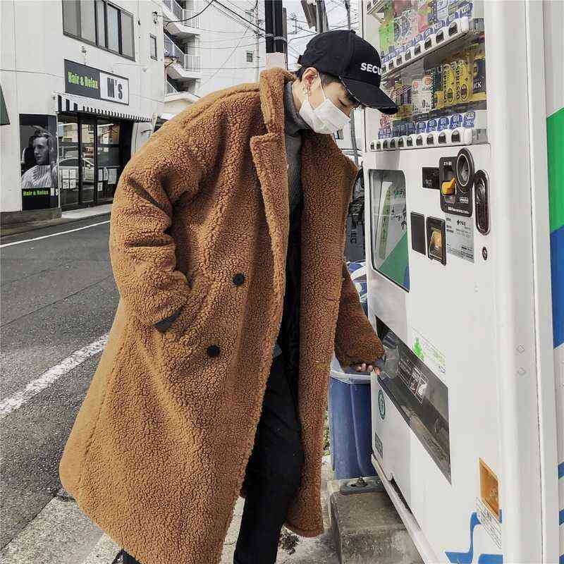 Men Winter Thicken Warm Teddy Bear Coat Long Sleeve Fleece Faux Fur Trench Oversize Outwear Casual Loose Long Plush Overcoat 4XL 211122