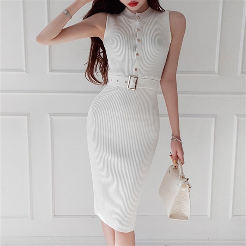 Casual Women Summer Fashion Solid Knit Bodycon Dress Ladies Elegant Stand Collar Sleeveless Single Breated Slim Party Belt 210603, White
Casual Women Summer Fashion Solid Knit Bodycon Dress Ladies Elegant Stand Collar Sleeveless Single Breated Slim Party Belt 210603, White