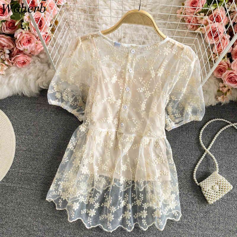 Blusas Mujer De Moda Summer Korean Blouses Elegant Puff Sleeve Crochet Hollow Lace Shirt Slim Two Piece Sets Women 210519