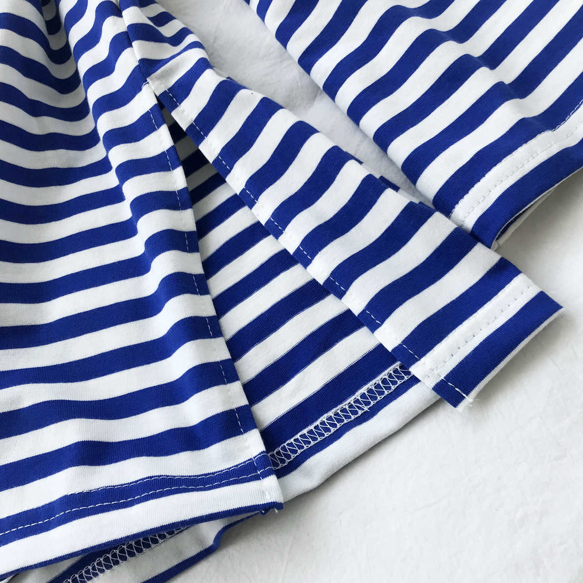 Summer And Blue-and-white Striped Open-fork Full T-shirt Spring Women's Loose Plus Size O Neck Casual Top 210615