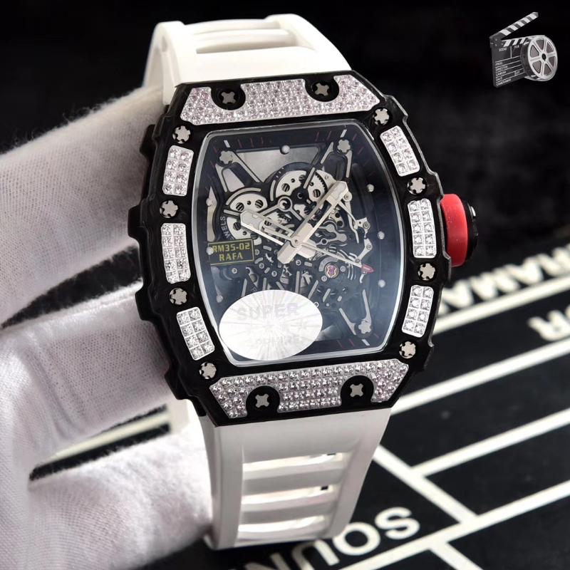 Wristwatches Men's Automatic Mechanical Watch Rose Gold Diamonds Bezel Red Black Rubber Skeleton Carbon Fiber
Wristwatches Men's Automatic Mechanical Watch Rose Gold Diamonds Bezel Red Black Rubber Skeleton Carbon Fiber