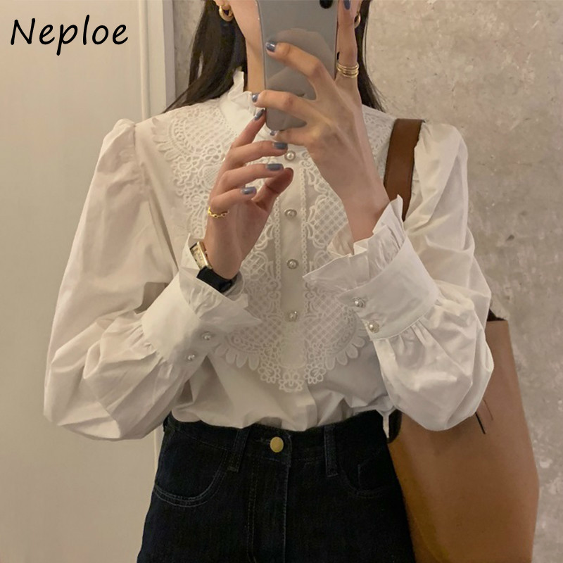 Korean Wooden Ear Lace Hook Flower Patch Elegant Blouse Women Stand Collar Long Sleeve Single Breast Blusas Slim Shirt 210422