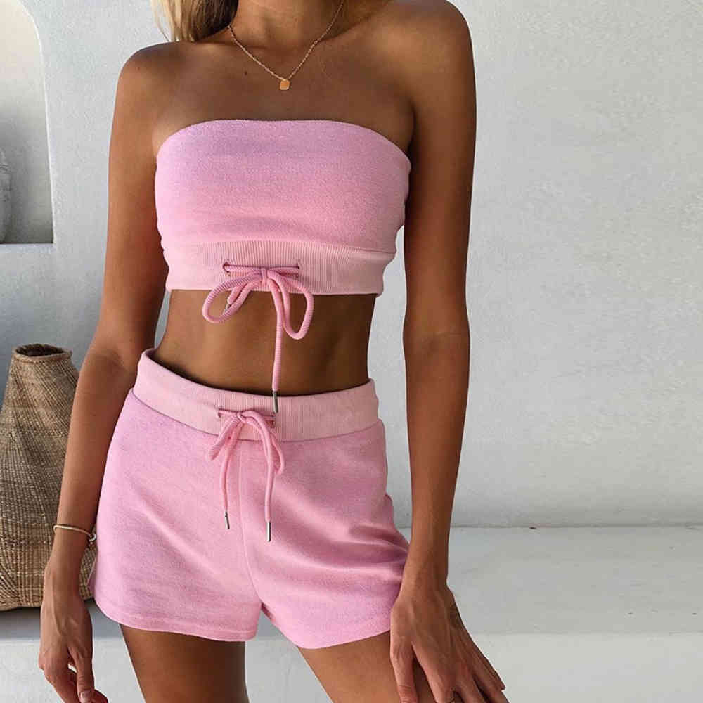 Summer Women Pink Strapless 2 Two Pieces Sets Sexy Sleeveless Mini Tops & Shorts Casual Club Out Wear Cotton 210423