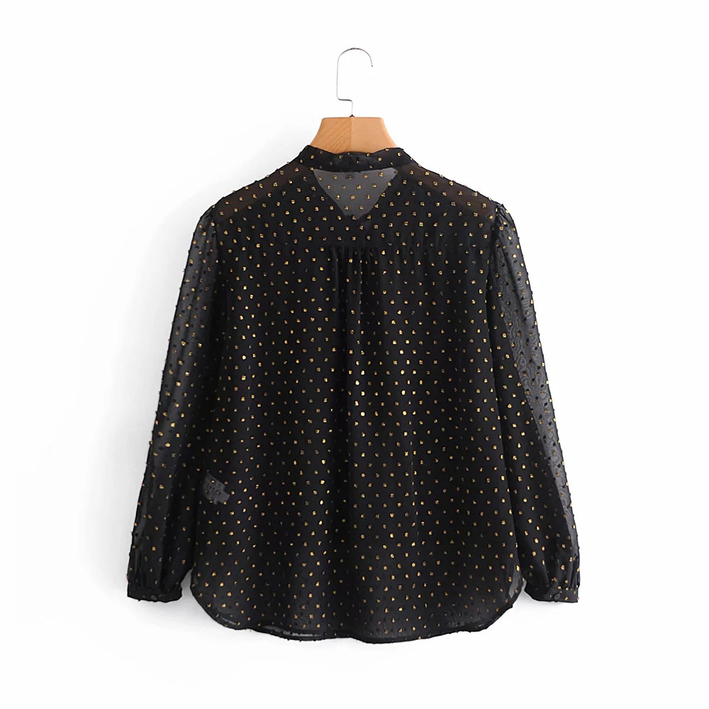 Autumn Fashion Button Up Chiffon Shirt Vintage Blouse Women Black And Golden Silk Thread Lady Long Sleeves Female Loose Shirt 210520