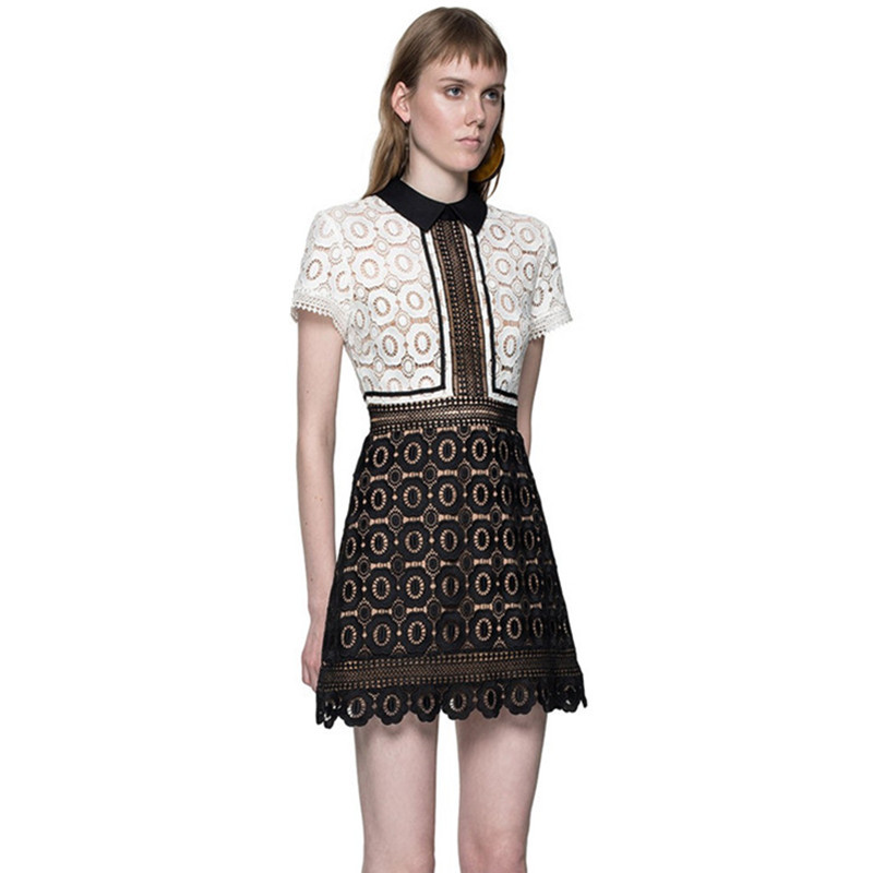 Fashion Self Portrait Party Women Dress Summer Runway Black White Patchwork Short Sleeve Hollow Out Mini 210506