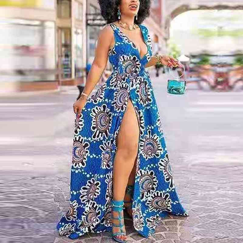 Women Retro Printed Sleeveless Plunge V-neck Maxi Dress 210702