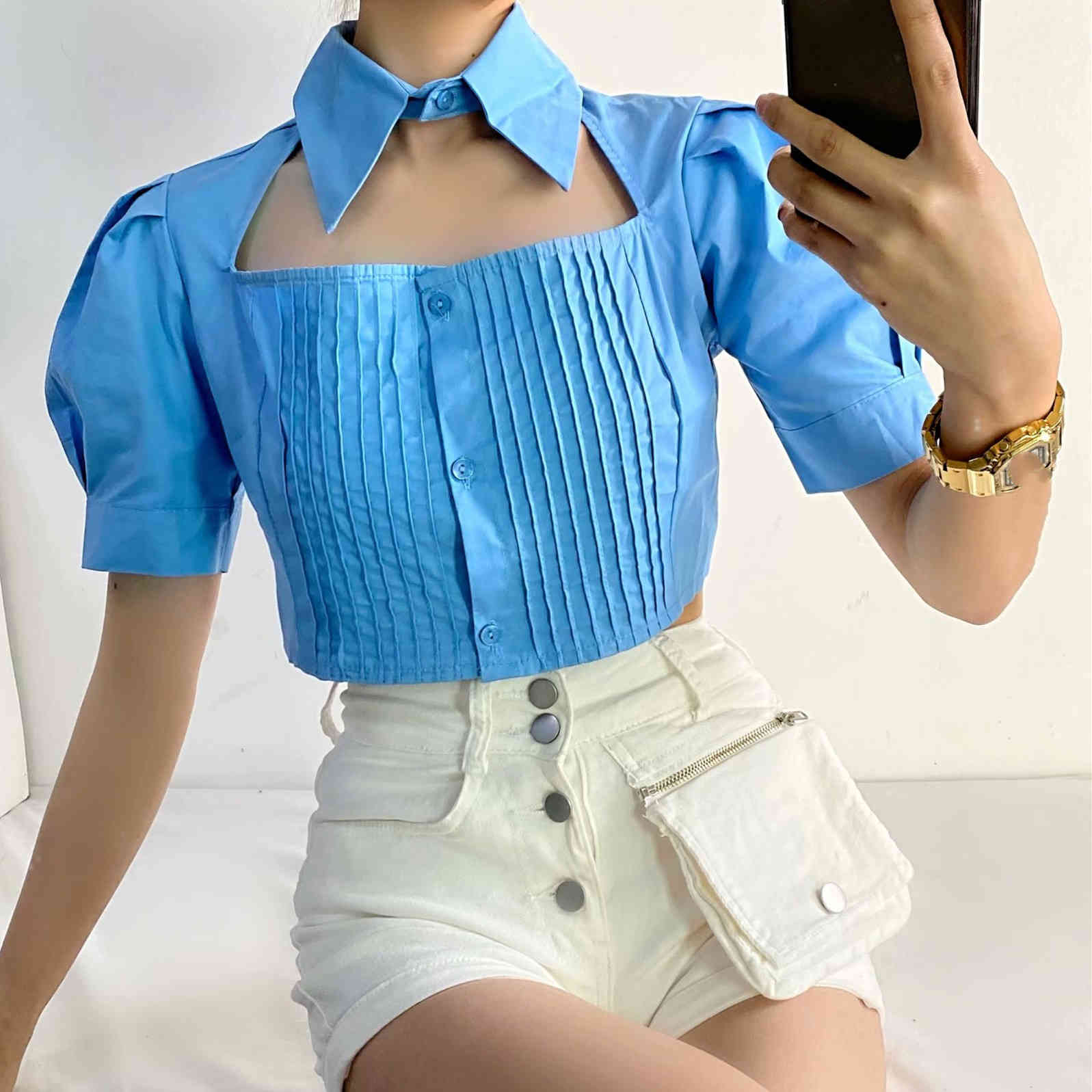 Women Fashion Solid Single Breasted Cotton Crop Top Turn-Down Collar Elegant Pleated Short Shirt Summer Short Sleeve Outwear 210521