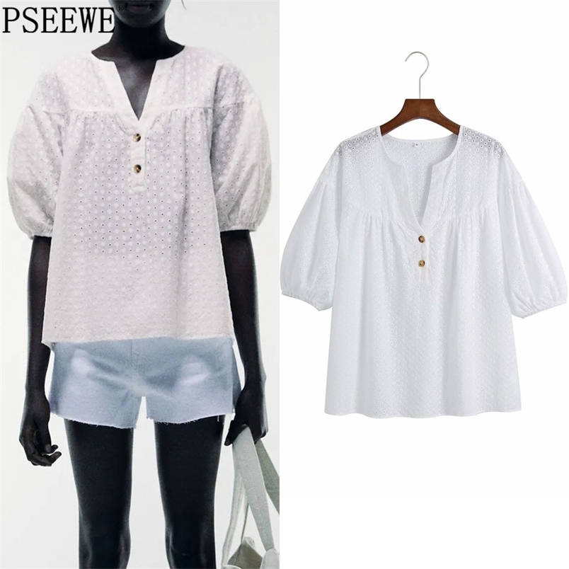 Women Blouse Cut Out Embroidery White Woman Fashion Button Short Puff Sleeve Loose Casual Summer Tops 210519
Women Blouse Cut Out Embroidery White Woman Fashion Button Short Puff Sleeve Loose Casual Summer Tops 210519