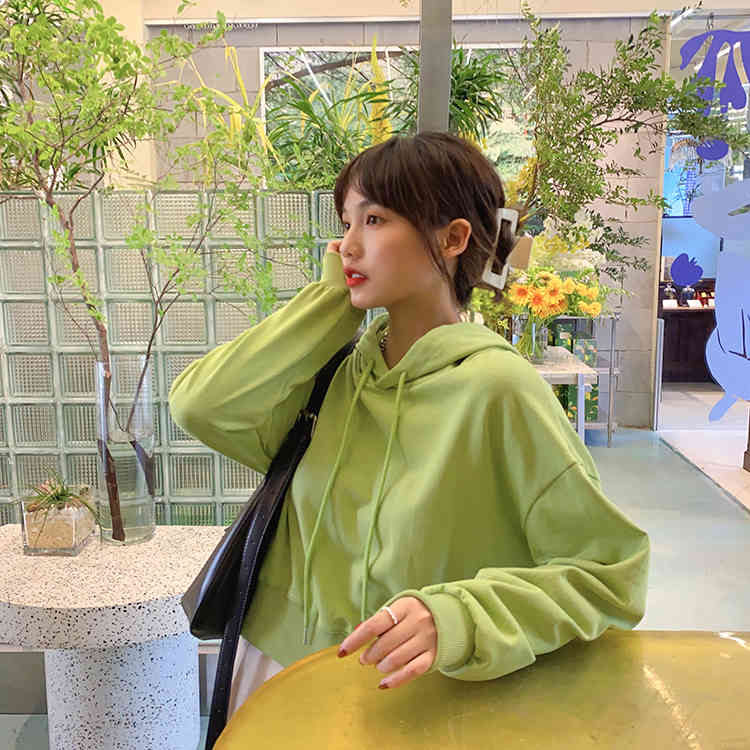 6 colors autumn candy color loose hoodies womens short sweatshirts and pullovers (F4063) 210423