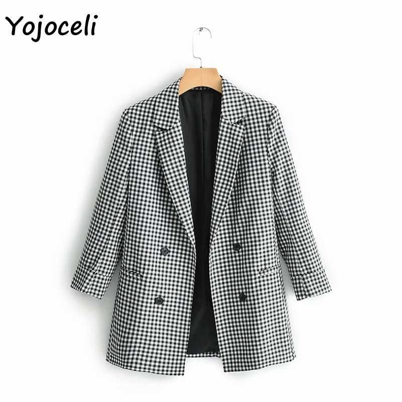 Yojoceli casual black white plaid blazers jackets top streetwear coats 210609