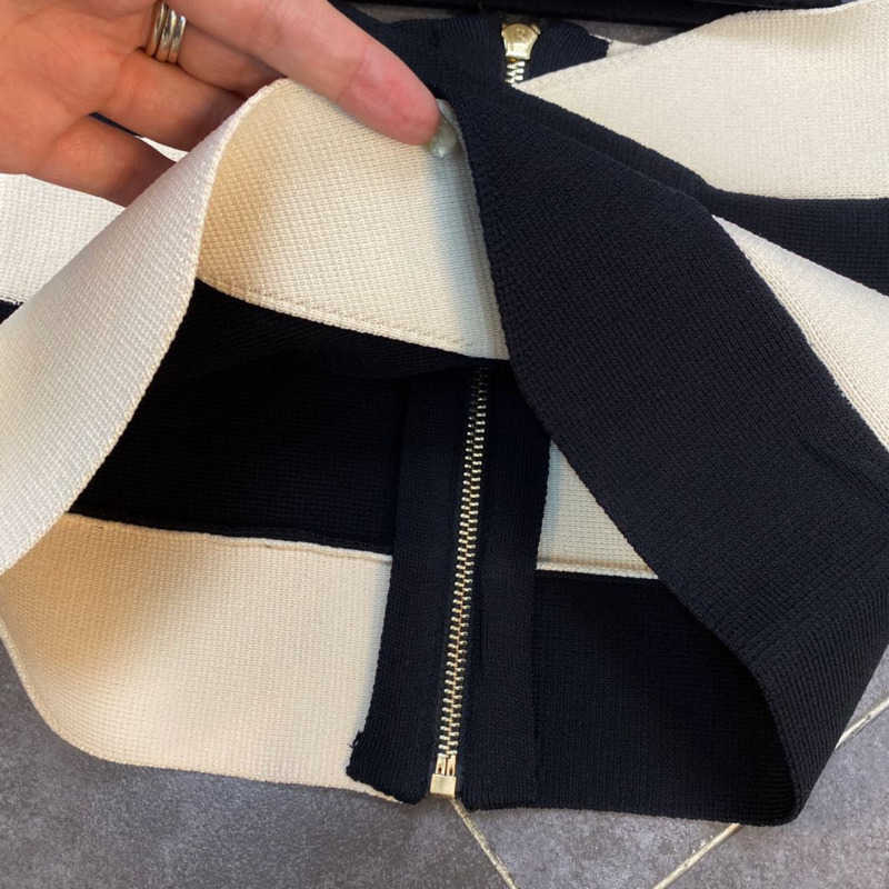DEAT Women Elastic Temperament Contrast Color Striped Slim Bra High Waist Mid Dress Fashion Spring Summer 11B052 210709