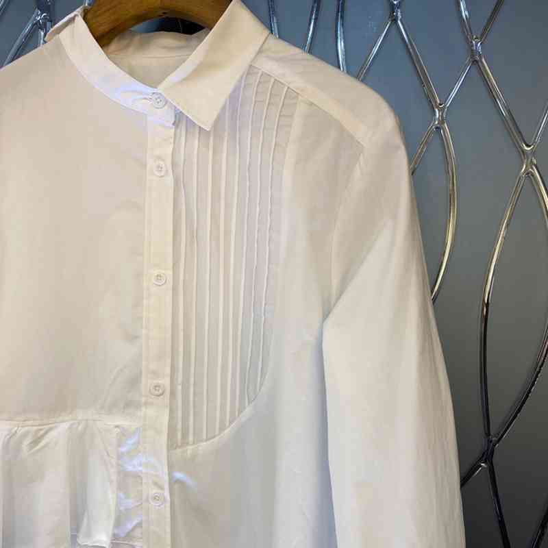 White Patchwork Ruffle Shirt For Women Lapel Long Sleeve Pleated Casual Blouse Female Fashion Clothing 210524