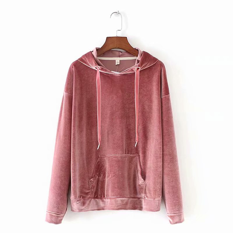 Fashion Women Patch Pocket Velvet Hoodie Pullovers Leisure Ladies Long Sleeves Smock Autumn Loose tops SW610 210430Z