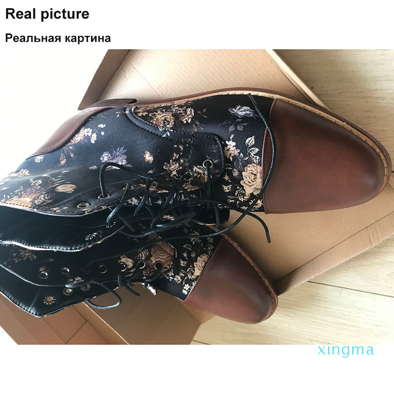 Men Boots Fashion Round Toe Lace Up Pu Leather Shoes Winter Mens Booties Floral Print Ankle Boots